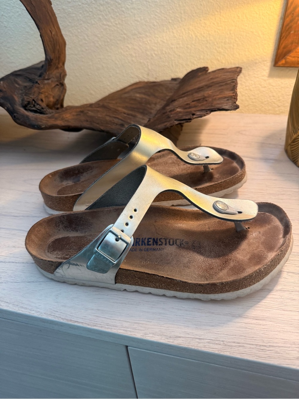 Birkenstock Metallic Silver Thong Sandals with Buckle